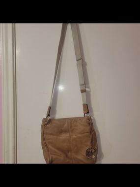 Michael Kors Beige Leather Crossbody with MK Charm